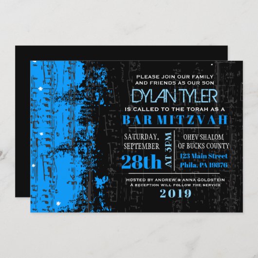Muzieknoten Sterren Bar Mitswa Uitnodiging blauw (Voorkant / Achterkant)