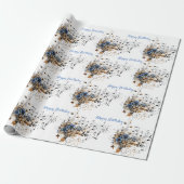Muzieknoten Toonladder Blauwe Waterverf Bloemen  Cadeaupapier (Uitgerold)