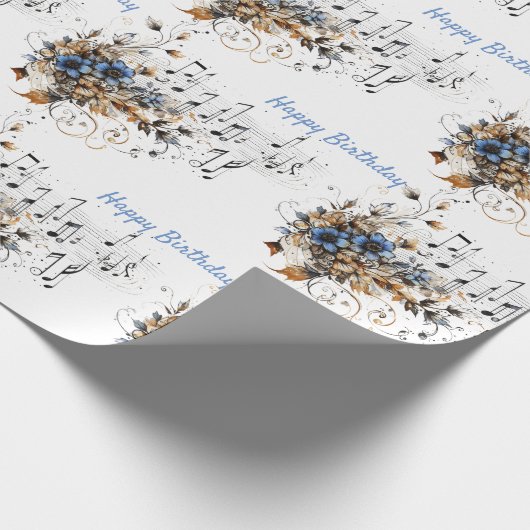 Muzieknoten Toonladder Blauwe Waterverf Bloemen  Cadeaupapier (Hoek)