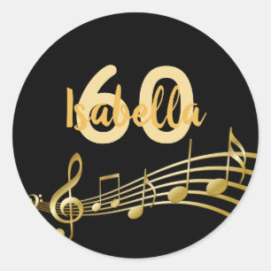 muzieknoten voor 60ste verjaardag op elegant zwart ronde sticker