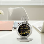 Muzieknoten voor ouderdomsgoud zwarte muziekleraar zakhorloge<br><div class="desc">Eenvoudig en elegant pensioencadeau voor een muziekleraar in het vrouw of een man! Een klassieke zwarte achtergrond met nepgouden muzieknoten. Sjabloon voor een naam,  en de volgende: Dank u,  gouden letters. Dank u wordt geschreven met een modern handgeschreven stijlmanuscript met letters.</div>
