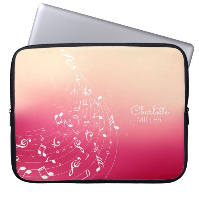 Muzieknoten voor rood en peach en aangepaste naam laptop sleeve (Voorkant)