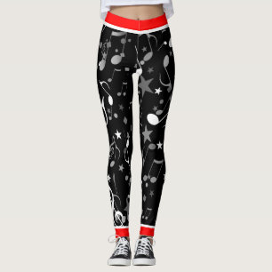 Muzieknoten zwart/wit/grijs op zwart/rode rand leggings