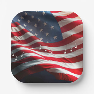 Muzieknoten zwevend op een Amerikaanse vlag Papieren Bordje