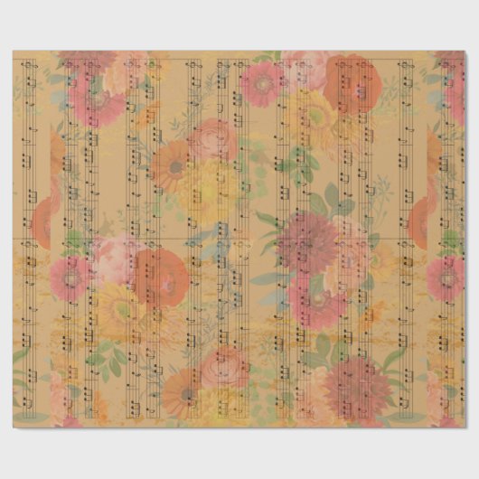 Muzieknotitie en bloemen - achtergrond cadeaupapier (Vlak)