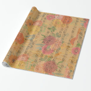 Muzieknotitie en bloemen - achtergrond cadeaupapier