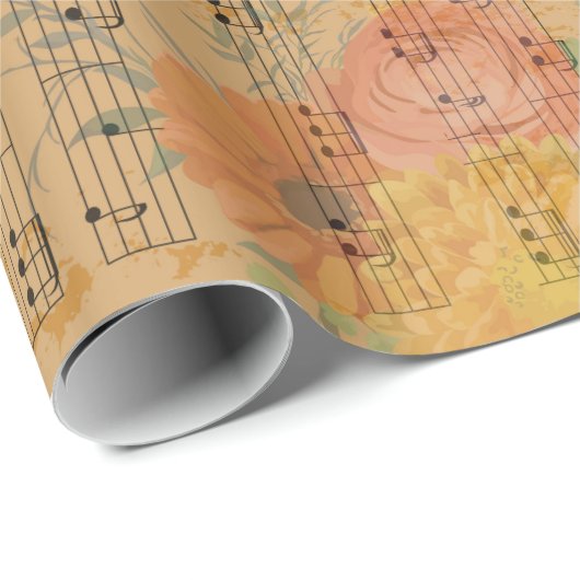 Muzieknotitie en bloemen - achtergrond cadeaupapier (Rol Hoek)