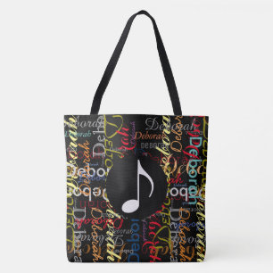 muzieknotitie met een patroon van kleurrijke namen tote bag