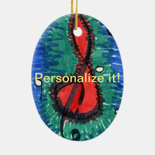 Muzieknotitie rood, groen en blauw ovaal keramisch ornament (Achterkant)