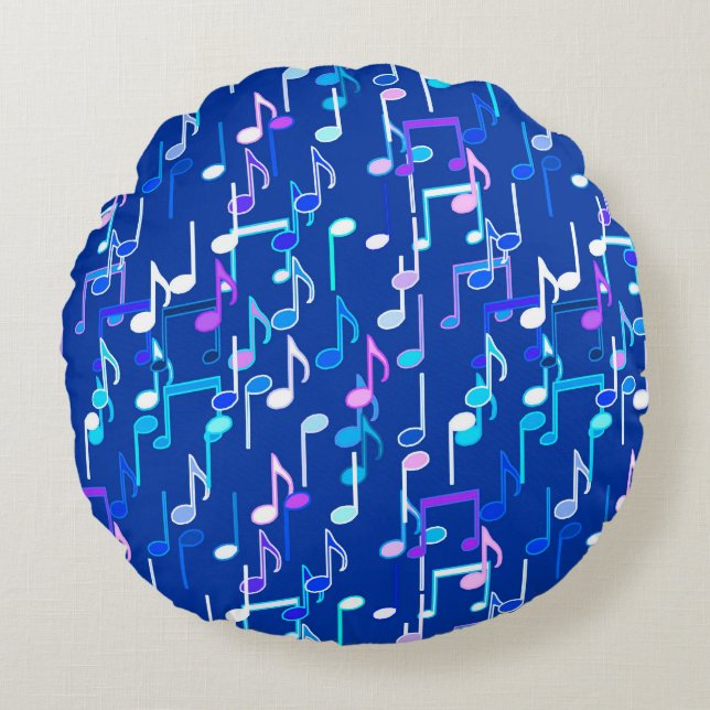 Muzieknotities — indigo blauw, multi rond kussen (Voorkant)
