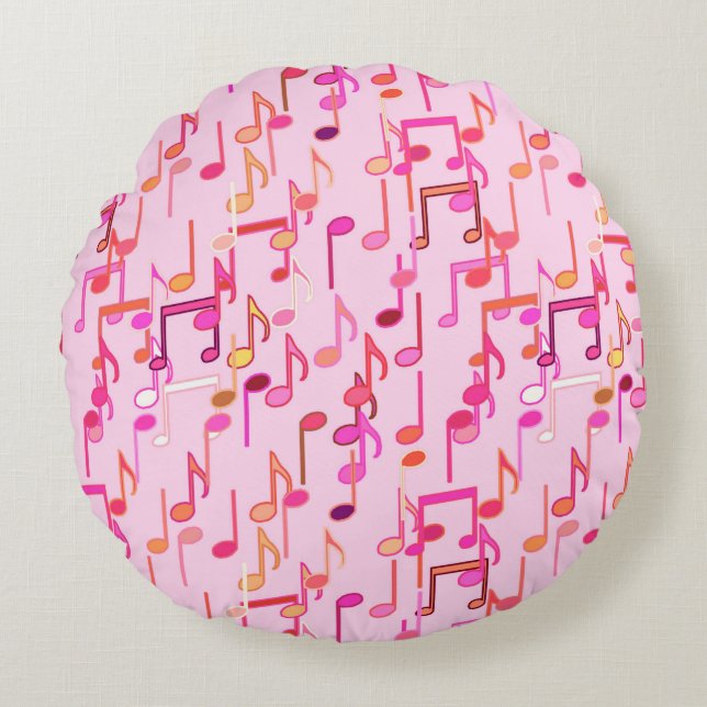 Muzieknotities — roze, multi rond kussen (Voorkant)