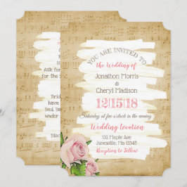Muzieknotities & Roze Rozen Bloemen Huwelijksuitno Kaart