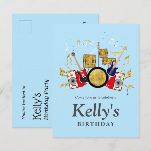 muziekparty guitar drum set musical uitnodiging briefkaart (Voorkant / Achterkant)