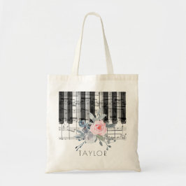 muziekpiano dusty blue en roze bloemen tote bag