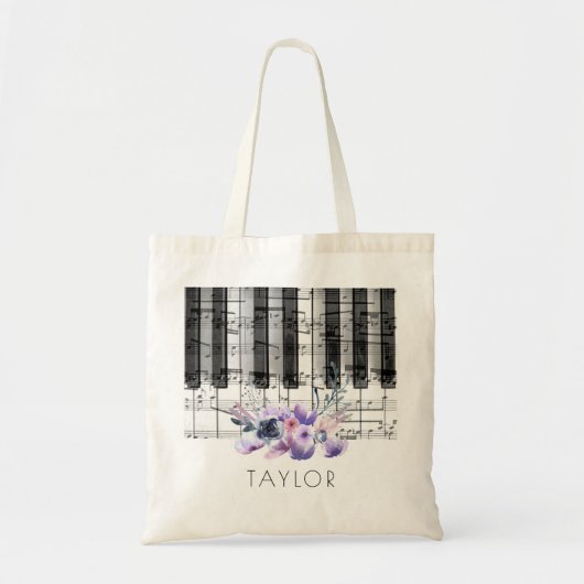 muziekpiano paarse florale naam tote bag (Voorkant)