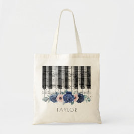 muziekpianoblauw en roze bloemen tote bag