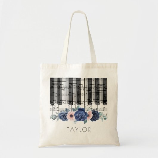muziekpianoblauw en roze bloemen tote bag (Voorkant)