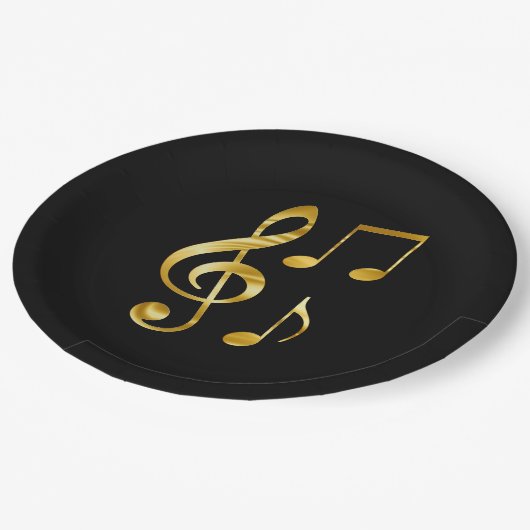 Muziekpictogrammen, goud op zwart, papieren bordje (Gekanteld)
