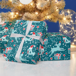 Muziekrendiervogel blauwgroen met een rode kerstbe cadeaupapier