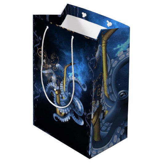 Muzieksaxofone met octopus medium cadeauzakje (Achterkant Gekanteld)