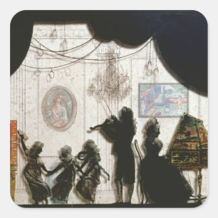 Muziekscène uit de familie, silhouette (zwarte ver vierkante sticker