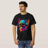 Muziekschedel Vet 80's Retro Synthwave grafisch T- T-shirt (Voorkant volledig)