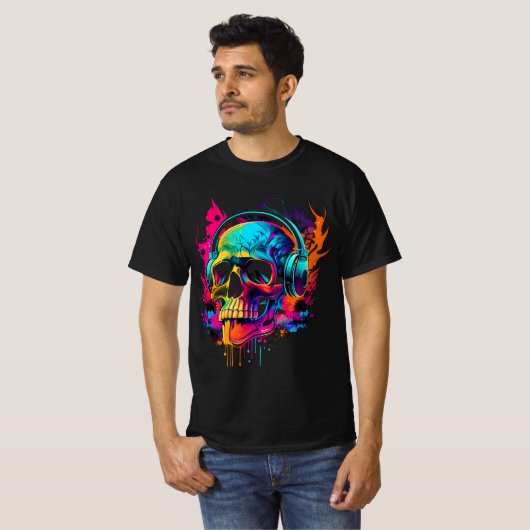 Muziekschedel Vet 80's Retro Synthwave grafisch T- T-shirt (Voorkant volledig)