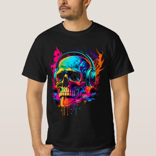 Muziekschedel Vet 80's Retro Synthwave grafisch T- T-shirt (Voorkant)