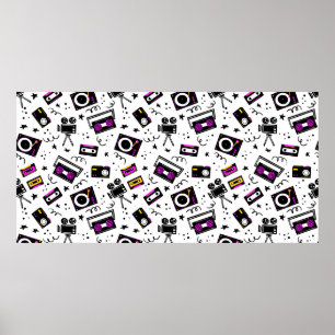 Muziekspeler, bandrecorder, videoband, filmcamera, poster