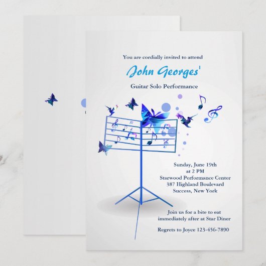 Muziekstandaard blauwe uitnodiging (Voorkant / Achterkant)