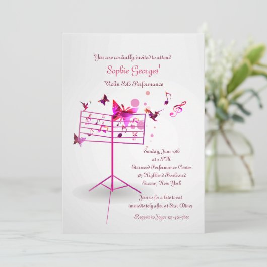 Muziekstandaard Roze uitnodiging (Staand voorkant)