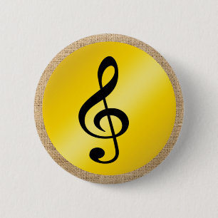 Muzieksymbool Clef Notes in Burlap Gold Black Ronde Button 5,7 Cm