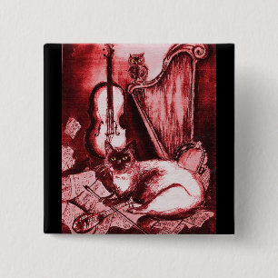 MUZIEKTE MET OWL, rood, zwart Vierkante Button 5,1 Cm