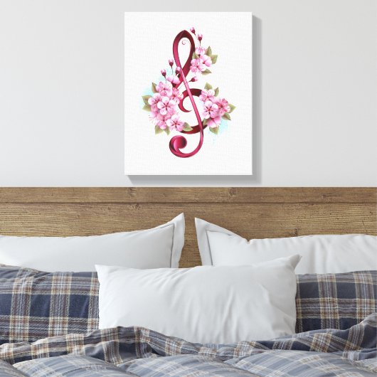 Muziektekiemen met Sakura bloemen Canvas Afdruk (Insitu (Slaapkamer))