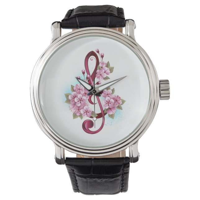Muziektekiemen met Sakura bloemen Horloge (Voorkant)
