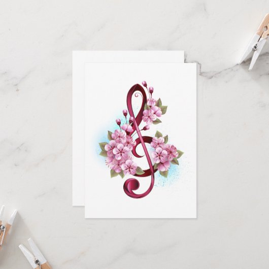 Muziektekiemen met Sakura bloemen Kaart (Voorkant / Achterkant in situ)