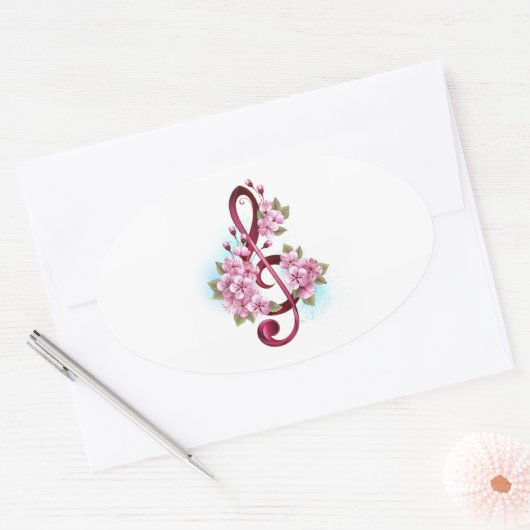 Muziektekiemen met Sakura bloemen Ovale Sticker (Envelop)