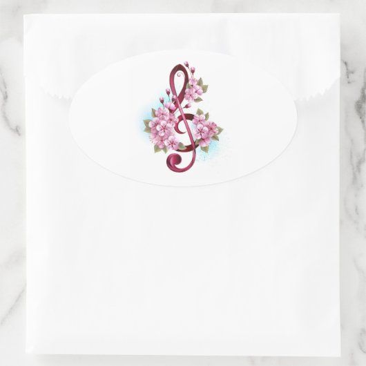 Muziektekiemen met Sakura bloemen Ovale Sticker (Tas)