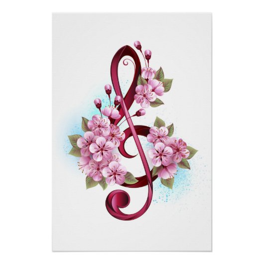 Muziektekiemen met Sakura bloemen Perfect Poster (Voorkant)