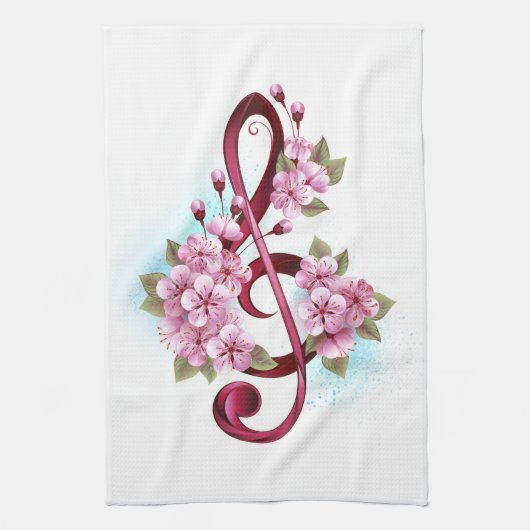 Muziektekiemen met Sakura bloemen Theedoek (Verticaal)