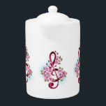 Muziektekiemen met Sakura bloemen Theepot<br><div class="desc">Roze verfsplaat met fijne,  roze Japanse kersbloesems tegen witte achtergrond,  omgeverfd met lichtblauwe verf. Roze sakura bloemen.</div>