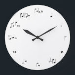 Muziektijdklok - zwart-wit grote klok<br><div class="desc">muziek, muzikaal, "muzieknoten", "muzieknoot", timing, slagen, sla, "bladmuziek", muzikant, "hele noot", "halve noot", "kwart noot", "achtste noot", haakje, griet, borstje, theorie, "muziektheorie", wiskunde, wiskunde, wiskunde, "gezichtslezen", lezen, leuk, grappig, humor, grappig, "zwart-wit", zwart, wit, cool, uniek, "muziekleraar", zanger, zingend, concert, </div>