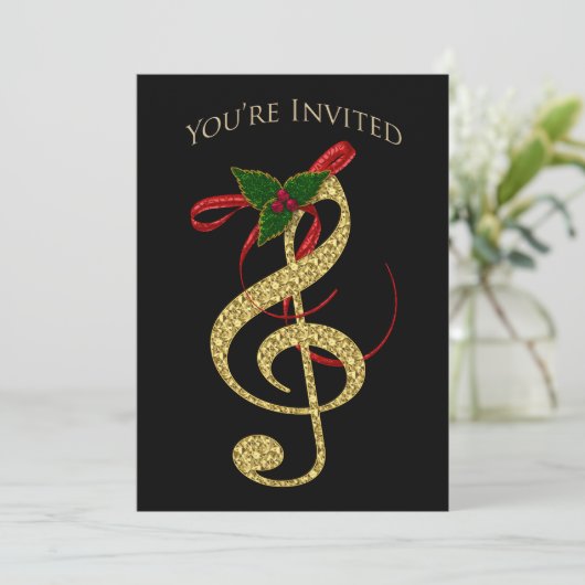 Muziekuitnodiging - Kerstmis - G-Clef in Gold Kaart (Staand voorkant)