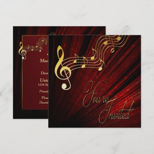 Muziekuitnodiging - REd - Gold Notes - Classy Kaart (Voorkant / Achterkant)