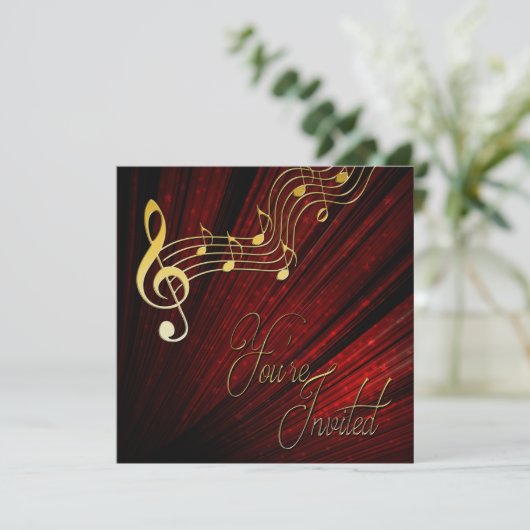 Muziekuitnodiging - REd - Gold Notes - Classy Kaart (Staand voorkant)