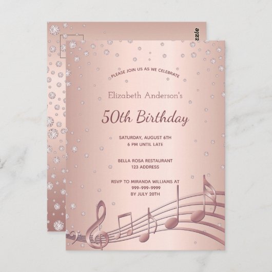 Muziekuitnodiging voor gouddiamanten in het roos v briefkaart (Voorkant / Achterkant)