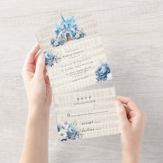 Muzikaal Dusty Blue Peony Kerk Bruiloft All In One Uitnodiging (Afscheurbaar)