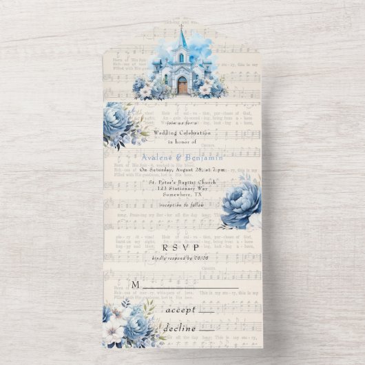 Muzikaal Dusty Blue Peony Kerk Bruiloft All In One Uitnodiging (Binnen)
