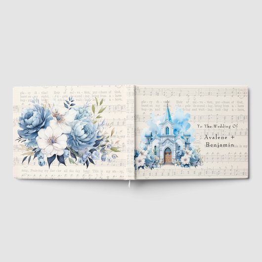 Muzikaal Dusty Blue Peony Kerk Bruiloft Gastenboek (Volledig)