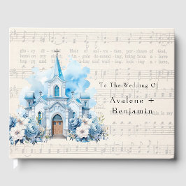 Muzikaal Dusty Blue Peony Kerk Bruiloft Gastenboek